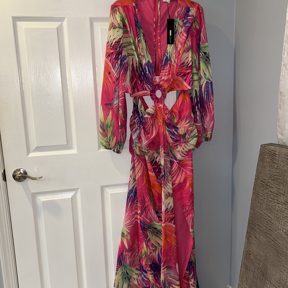 Fashion Nova Pink and Green Tropical Maxi Dress